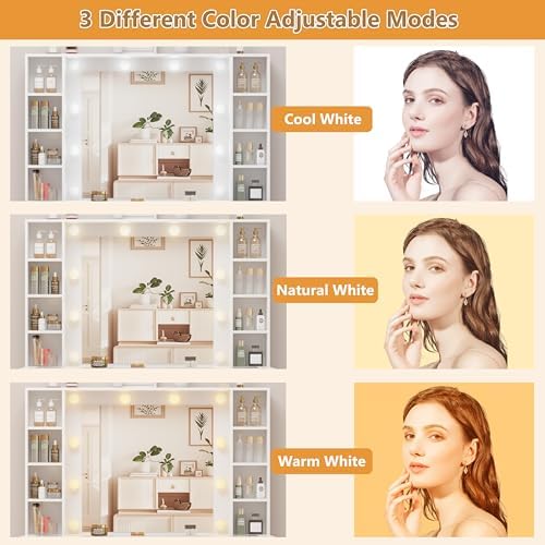 HUANLEGO White Vanity Desk with Mirror and Lights, Glass Top Vanity with Ligh...