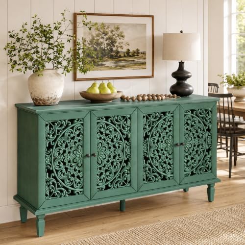 Green Sideboard Cabinet with Carved Doors, Green Buffet Cabinet, Vintage Cabinet with Storage Shelves, Farmhouse Storage Cabinet for Dining Room, Living Room & Entryway