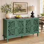 Green Sideboard Cabinet with Carved Doors, Green Buffet Cabinet, Vintage Cabinet with Storage Shelves, Farmhouse Storage Cabinet for Dining Room, Living Room & Entryway
