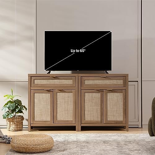 SICOTAS Sideboard Buffet Cabinet Set of 2, Rattan Credenza Storage Cabinet
