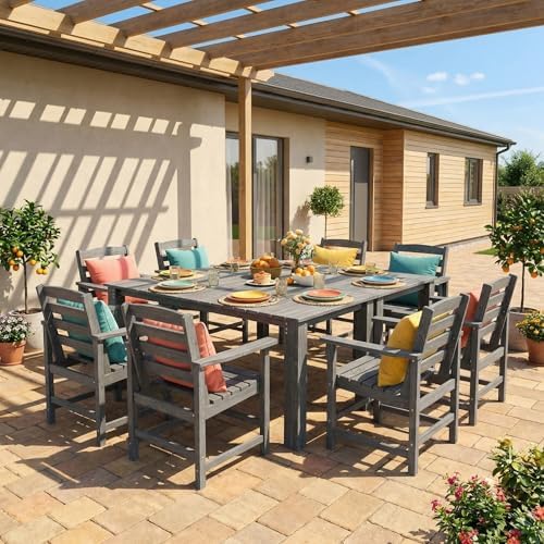 Dining Table Set, 10-Piece HDPE Outdoor Dining Set for 8, Gray