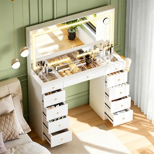 11 Drawers Glass Top Vanity Desk, Crystal Handles Makeup Vanity with Mirror a...
