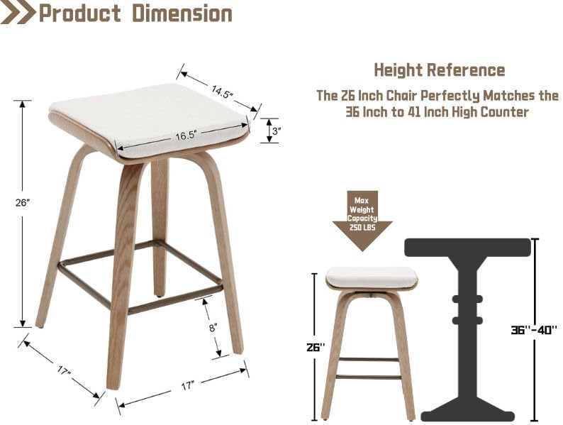 HNY 26" Swivel Bar Stools Set of 4, Backless Counter Height Bar Stools w...