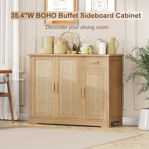 Keehusux Rattan Storage Cabinet with 3 Doors and Drawer, Natural Oak