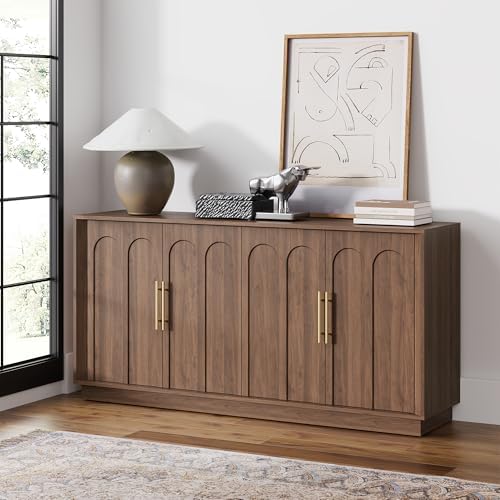FORTUNETEC 67" Sideboard Buffet Cabinet with Storage, Arched Doors, Walnut