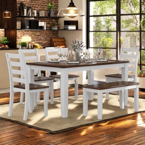LUMISOL 6-Piece Farmhouse Dining Table Set for 6-7, Solid Wood Kitchen Table ...