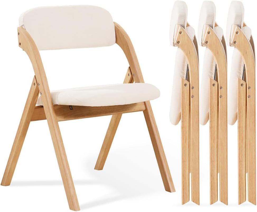 Folding Chairs with Cushion Set of 4,Linen Padded Foldable Dining Chairs, Raw...