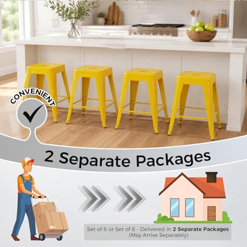 24 Inch Yellow Metal Counter Stools, Set of 6, Backless