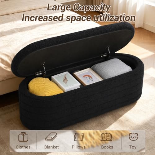 Teddy Sherpa Oval Black Ottoman with Storage, 45.5-inch Bench | Teddy Upholst...