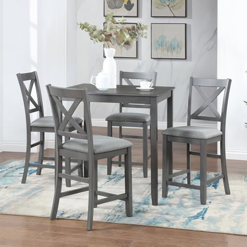 LUMISOL 5-Piece Solid Wood Table Set for 4, Farmhouse Counter Height Kitchen ...