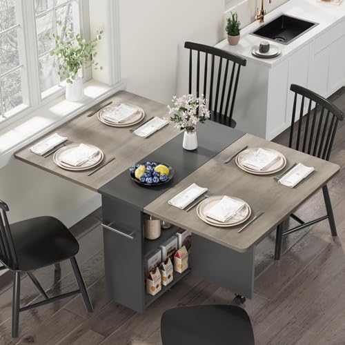 IDEALHOUSE FoldingTable, Drop Leaf Dining Table with 6 Wheels and 2-Layer Sto...