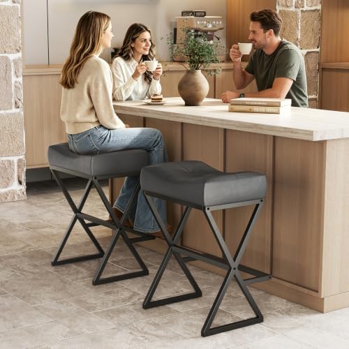 Counter Height Bar Stools Set of 2, Backless 26" Saddle Barstools, Grey ...