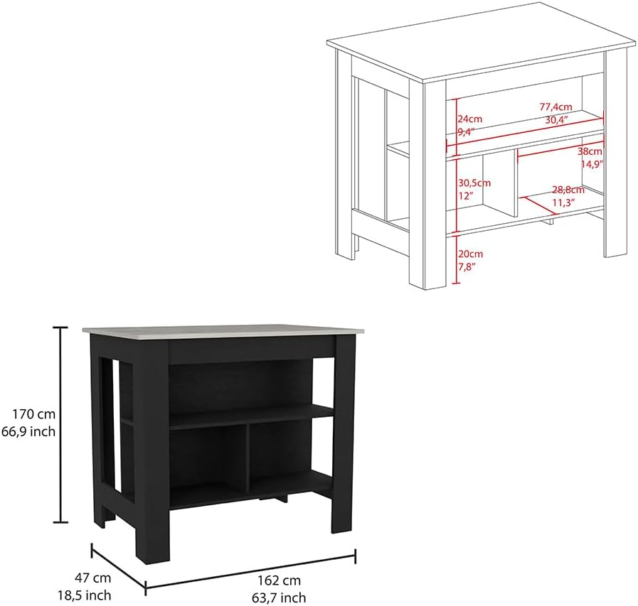 Kitchen Island Dozza with Three Shelves in Black and Ibiza Marble | Three sto...