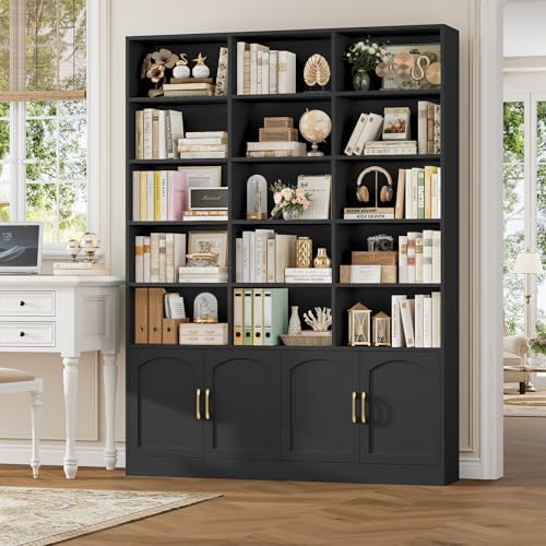 FACBOTALL 82.3" Triple Wide Bookshelf, Tall Bookcase with 4 Doors, Black