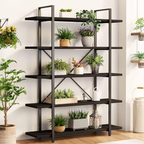 HSH 5 Tier Black Bookshelf, Modern Tall Bookcase with Storage for Office