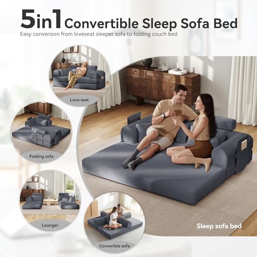 79"Round Arm Sofa with High Backrest Pillow for Living Room (Dark Gray) ...
