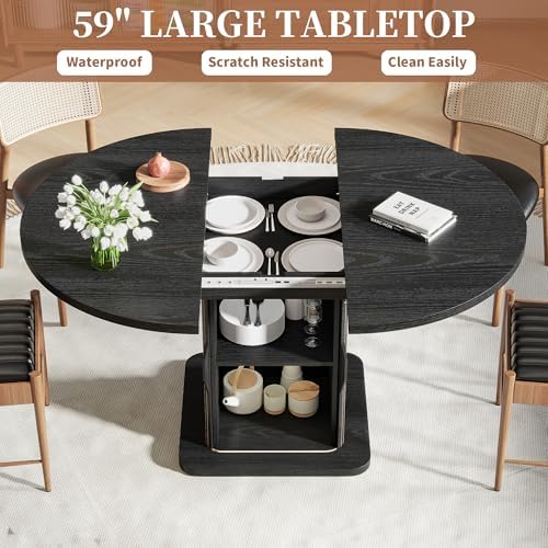 Extendable Black Round Dining Table for 4-6-8, 59 Inch Kitchen Dining Room Ta...