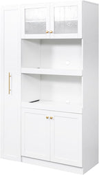 LUMISOL Farmhouse Kitchen Pantry Cabinet with Pull-Out Multi-ttier Storage Shelf, Kitchen Storage Cabinet with 4 Doors, Pantry Organizers for Living Room Dining Room, White