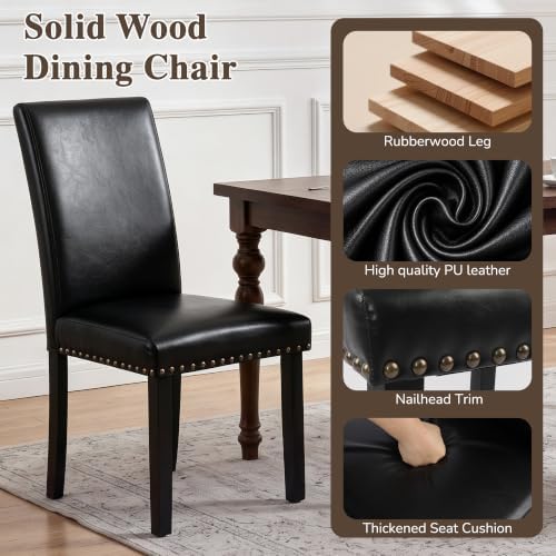 LSSBOUGHT Modern Leather Dining Chairs Set of 6 with Studded Trim(Black)