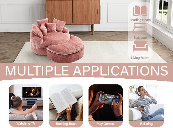 54'' Oversized Round Bean Bag Chaise Lounge Barrel Chair with Movable Ottoman, Fluffy Cloud Couch Boneless Round Sofa Chair for Living Room, Bedroom, Apartment, Pink