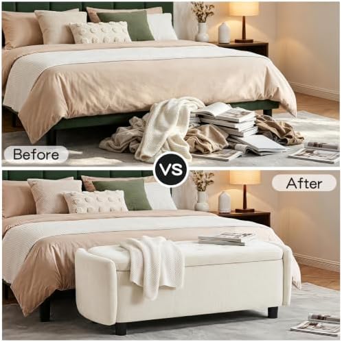 Furniliving 46.5‘’ Chenille Storage Bench, Button-Tufted Upholstered Storage ...