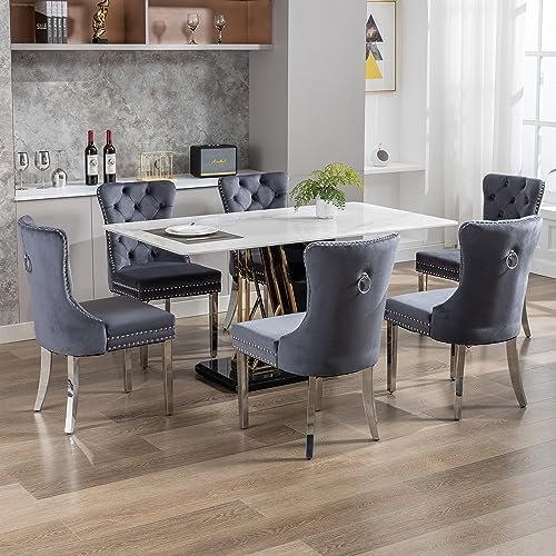 Velvet Dining Room Chairs Set of 2, Button Tufted, Silver Legs, Dark Gray
