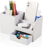 KINGFOM Desk Organizer Office Supplies Caddy Pu Leather Multi-function Storage Box Pen/Pencil,Cell phone, Business Name Cards Remote Control Holder with Small Drawer White