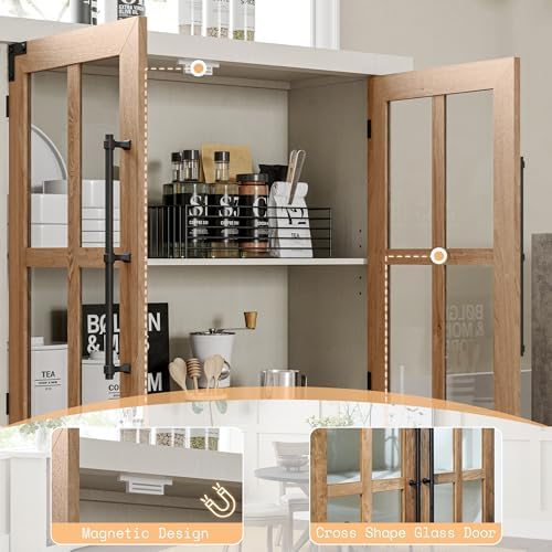 AMERLIFE Farmhouse 63" Buffet Sideboard Cabinet with Glass Door, White