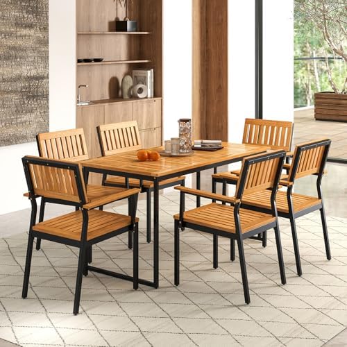 Tangkula 7 Piece Outdoor Dining Set for 6, Acacia Wood Rectangular Dining Tab...