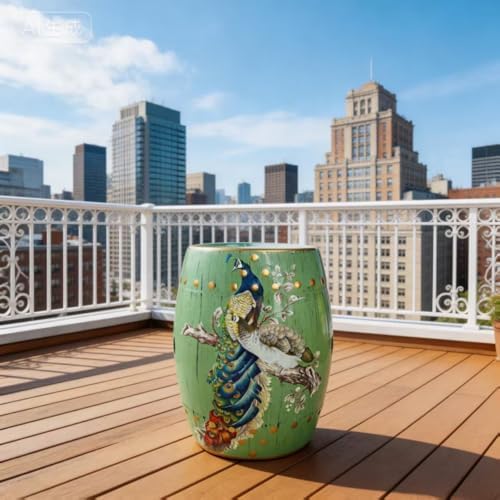 Hand-Painted Floral Bird Ceramic Drum Stool - Oriental Artistry Storage Ottom...
