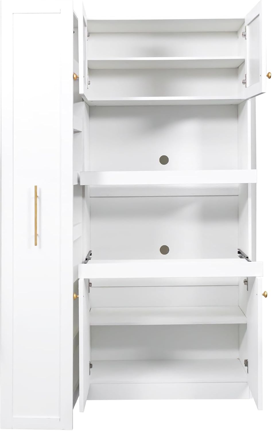 Kitchen Pantry Cabinet with Multi-Functional Pull-Out Multi-Tier Storage Shelf,Farmhouse Storage Cabinet with 4 Doors,Pantry Organizers for Kitchen,Dining Room, White