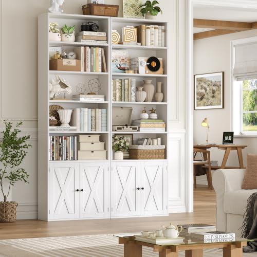 FACBOTALL 82" Tall Bookcase, Farmhouse Bookshelf with Doors, White