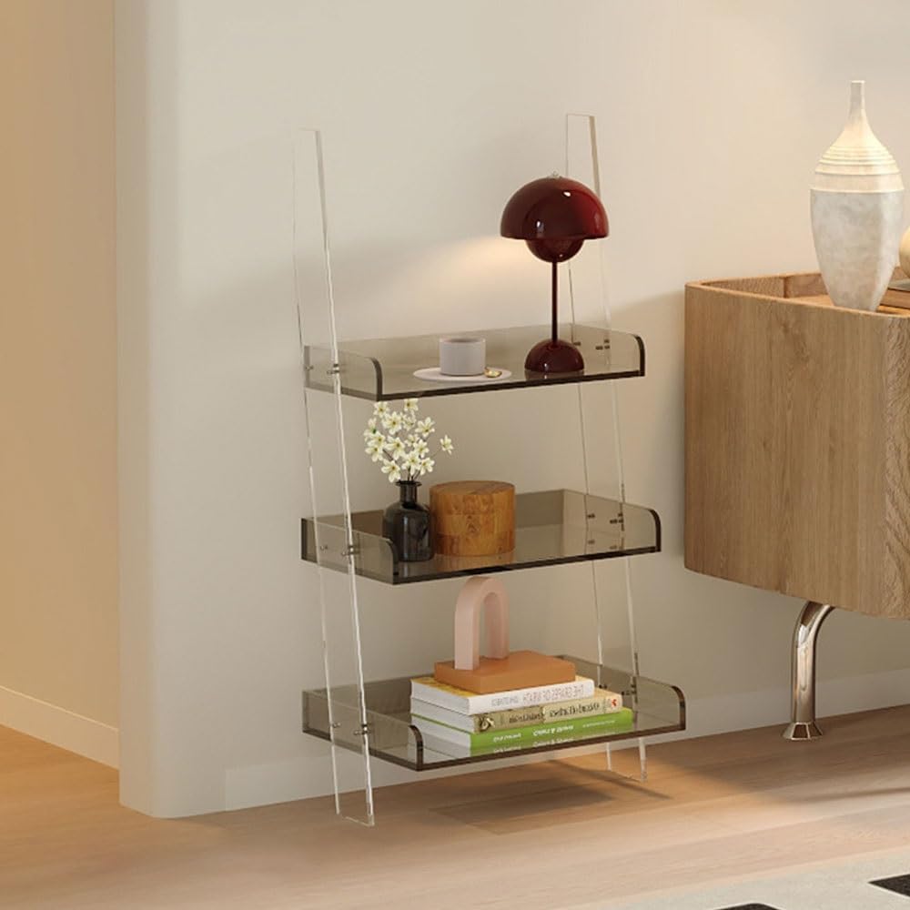 Small Acrylic Ladder Bookshelf, 3-Tier Freestanding Ladder Shelf Bookcase, Multipurpose Narrow Storage Rack for Living Room, Office(Clear)