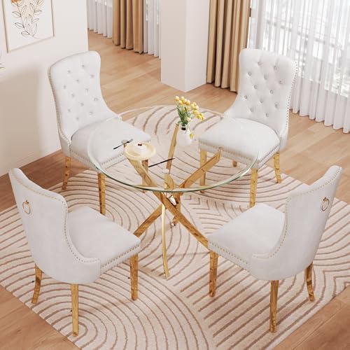 Glass Dining Table Set for 4, 5-Piece Round Tempered Glass Kitchen Table Set ...