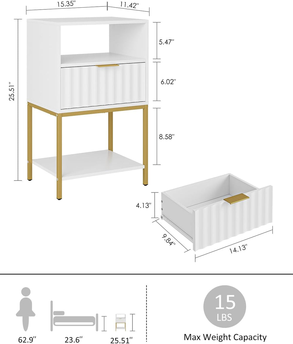 Nightstand,Modern Bedside Table with One Drawer and Two Shelf，White Night Sta...