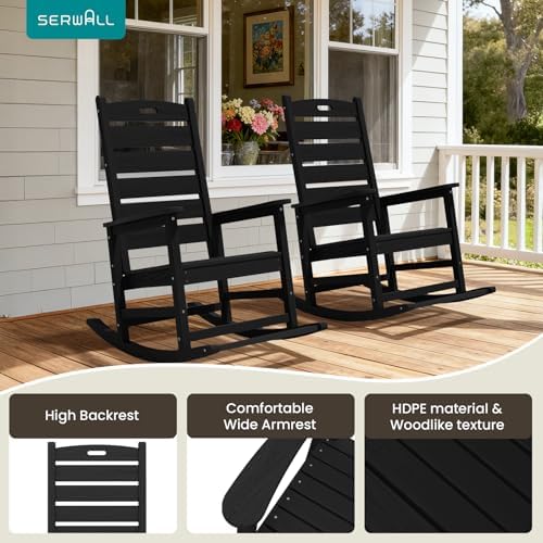 SERWALL Outdoor Rocking Chair Set of 2, Oversized HDPE Rocker, Black | Heavy ...