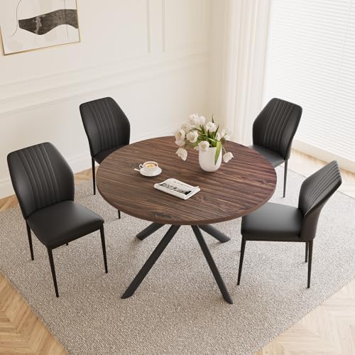 HIPIHOM 45.3'' Walnut Round Dining Table Set for 4, Mid Century Moder...