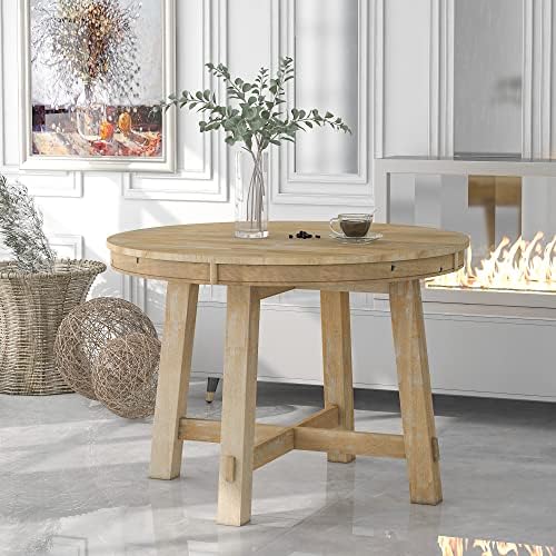 Farmhouse Round Extendable Dining Table with 16" Leaf Wood Kitchen Table