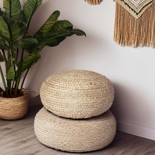 Decor Therapy Round Pouf Ottoman Footrest, Natural Jute Woven, Boho Pouf, Boh...