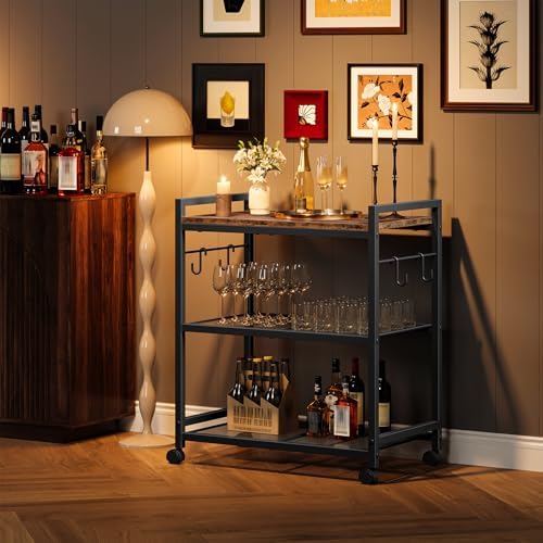 CHOEZON 3-Tier Rolling Bar Cart, Vintage Metal Kitchen Cart with Wheels, Mobi...