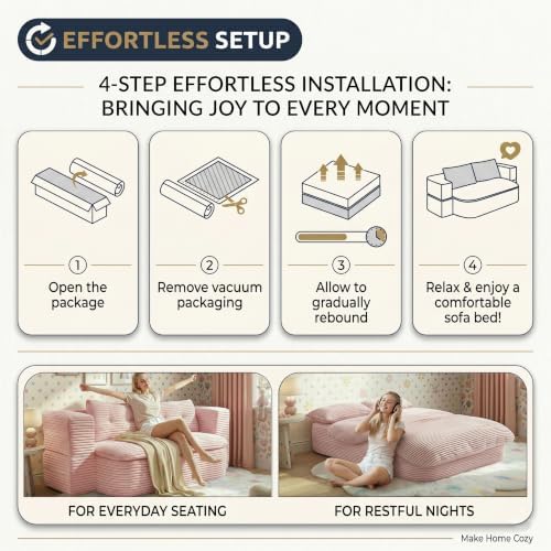 78.7" Futon Sofa Bed, Memory Foam Convertible Couch, Pink | Sophisticate...