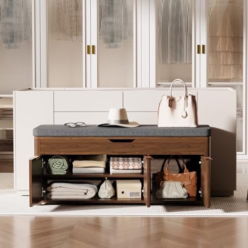 37.4" W Shoe Bench with Storage, Lift Top Entryway Bench, Walnut | 2-Tie...