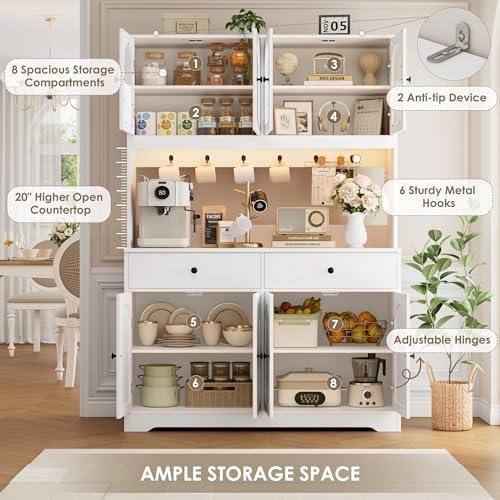 HIFIT 71" LED Kitchen Pantry Cabinet with Power Outlet, Tall Hutch, White