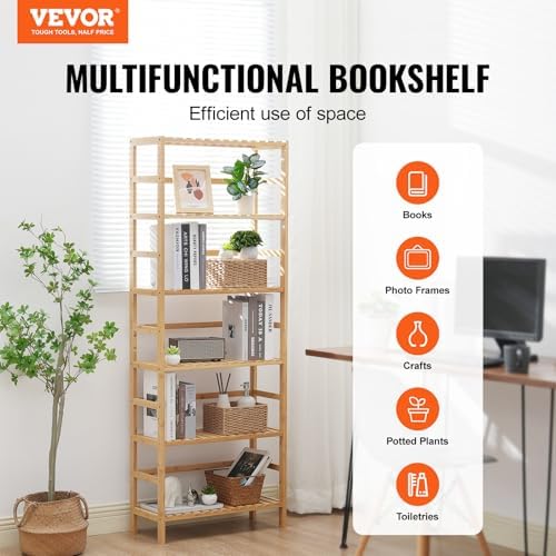 VEVOR 6-Tier Bamboo Shelf, Open Wood Bookshelf, Display Storage Rack Organize...