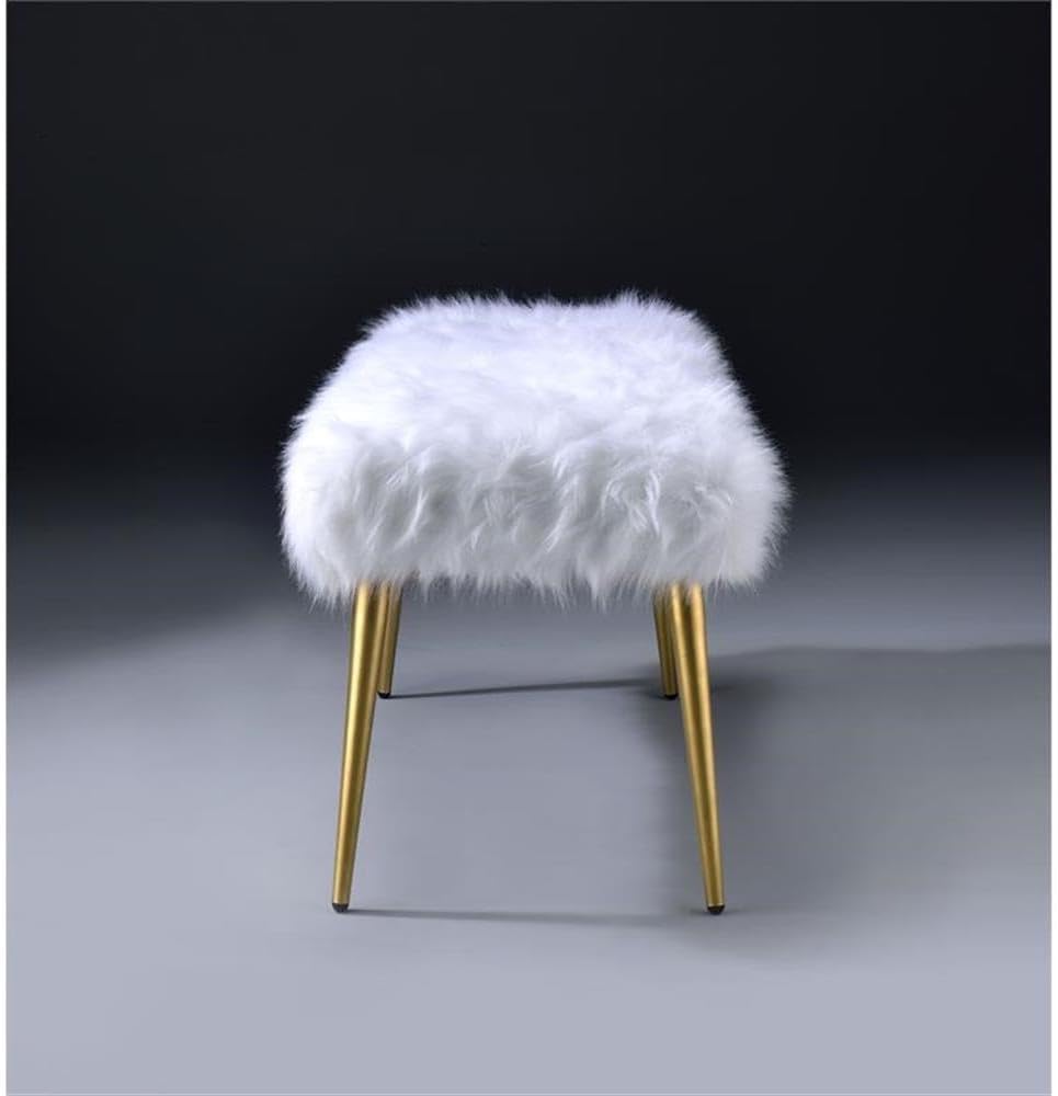 Acme Bagley II Bench, White Faux Fur & Gold