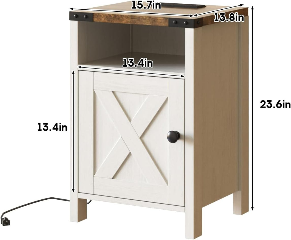 Fameill Farmhouse End Tables with Charging Station, Modern White | Nightstand with Barn Door and Shelf, Rustic Living Room Bedroom Side Table