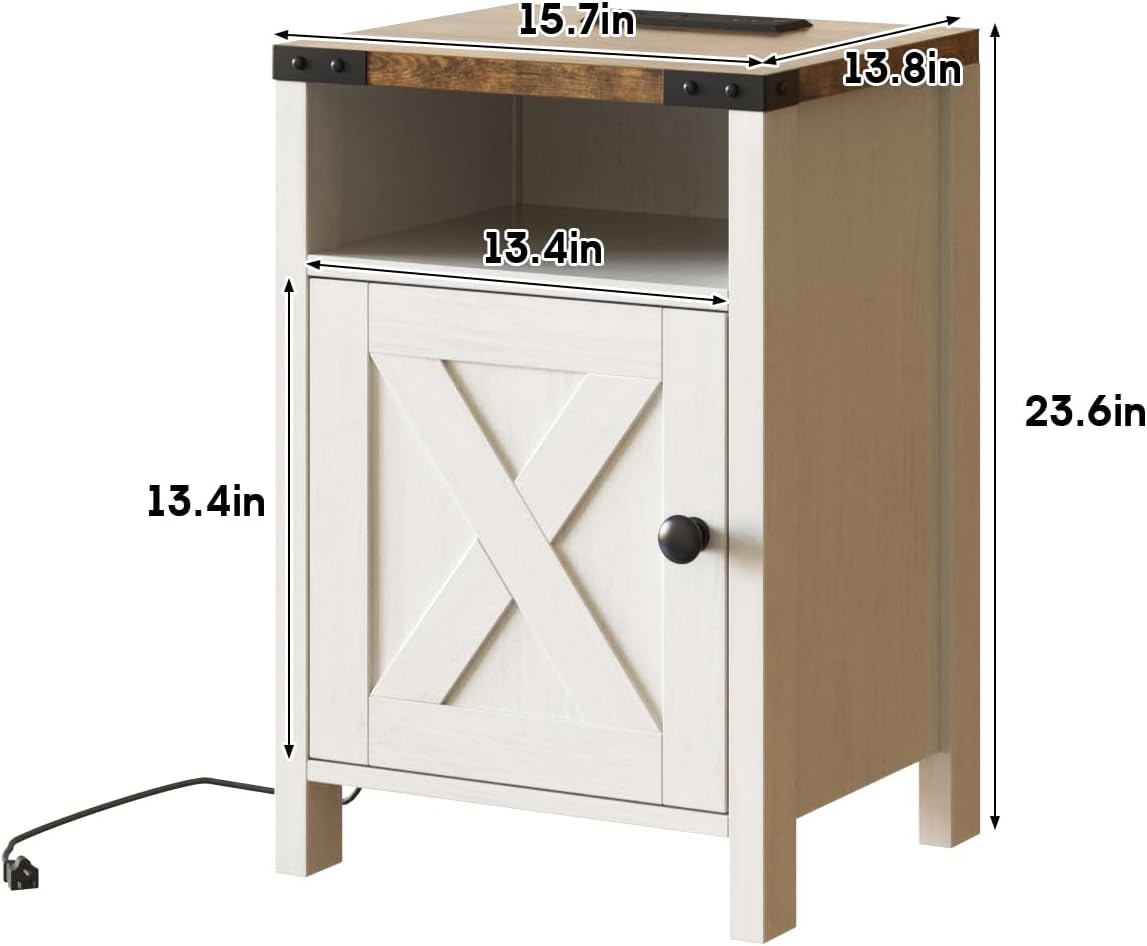 Fameill Farmhouse End Tables with Charging Station, Modern White | Nightstand with Barn Door and Shelf, Rustic Living Room Bedroom Side Table