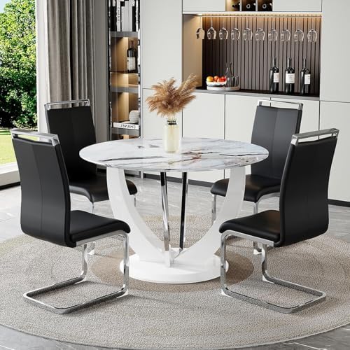 JUFU Round Dining Table Set for 4, 47" White Dinette Set for 4 with Marb...