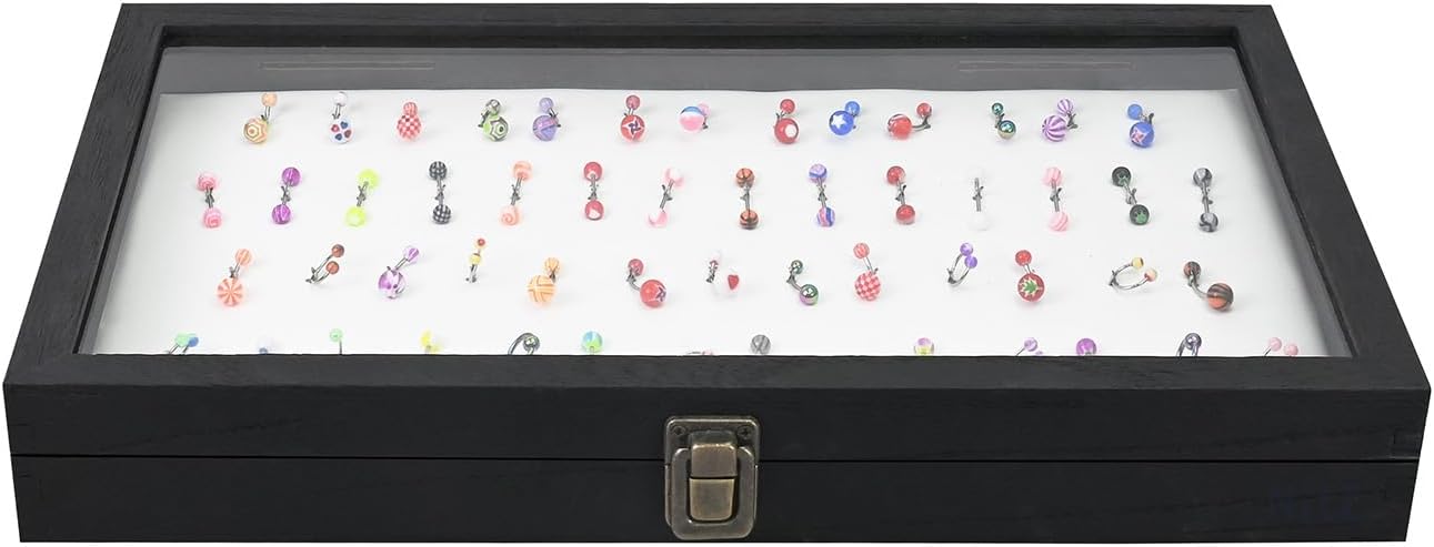 MOOCA Body Jewelry Display Tempered Glass Case with 54 Clips, Black Velvet | Jewelry display case with a tempered-glass lid and 54-clip pad organizes belly rings, tongue rings, and barbells.
