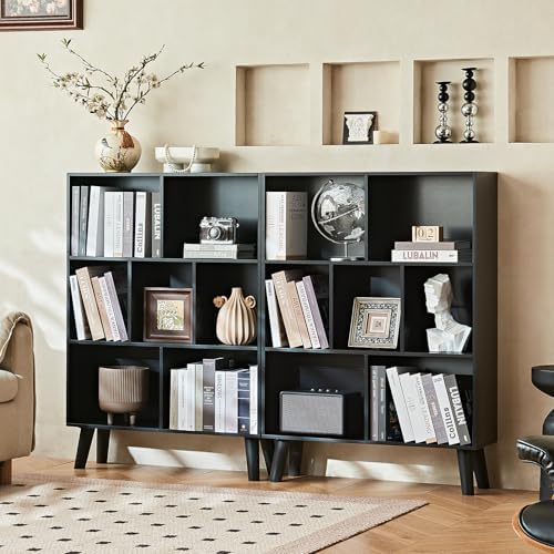 LEYAOYAO Cube Bookshelf, Mid-Century Modern Book Shelf with Legs, Black
